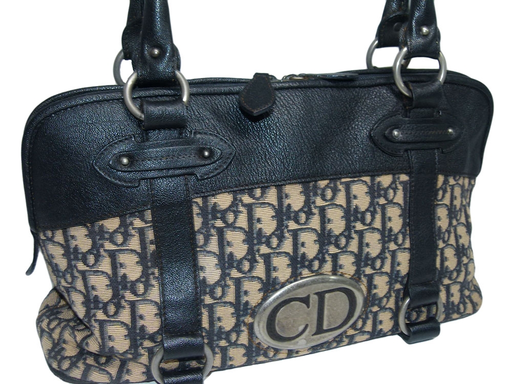 Dior TNL44232 Monogram Logo CD Buckle Black/ Blue Vintage Looks Signature Boston Tote-30645