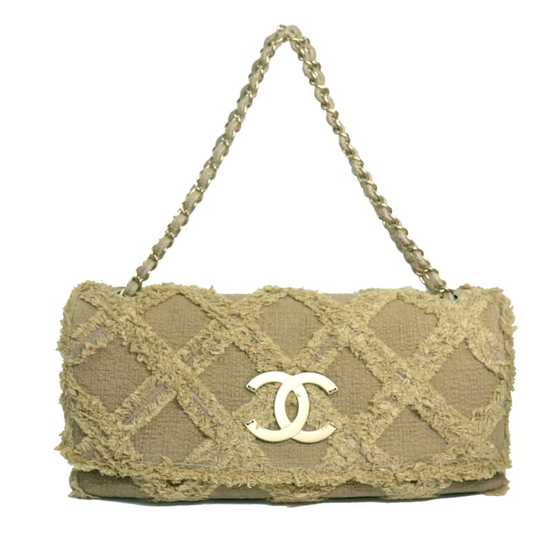 Chanel 13557674 Beige Quilted Fringed Tweed Matte Gold-tone Brass Hardware Flap Bag-0