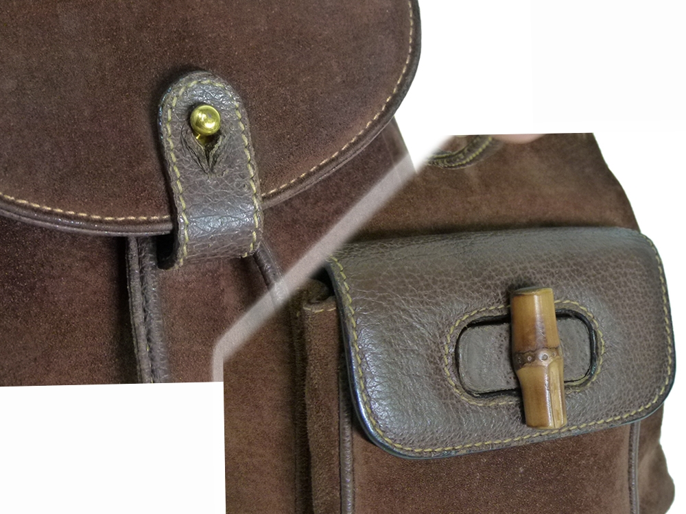 Gucci Vintage Classic Bamboo Brown Suede Backpack Small -31175