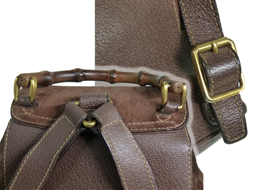 Gucci Vintage Classic Bamboo Brown Suede Backpack Small -31176