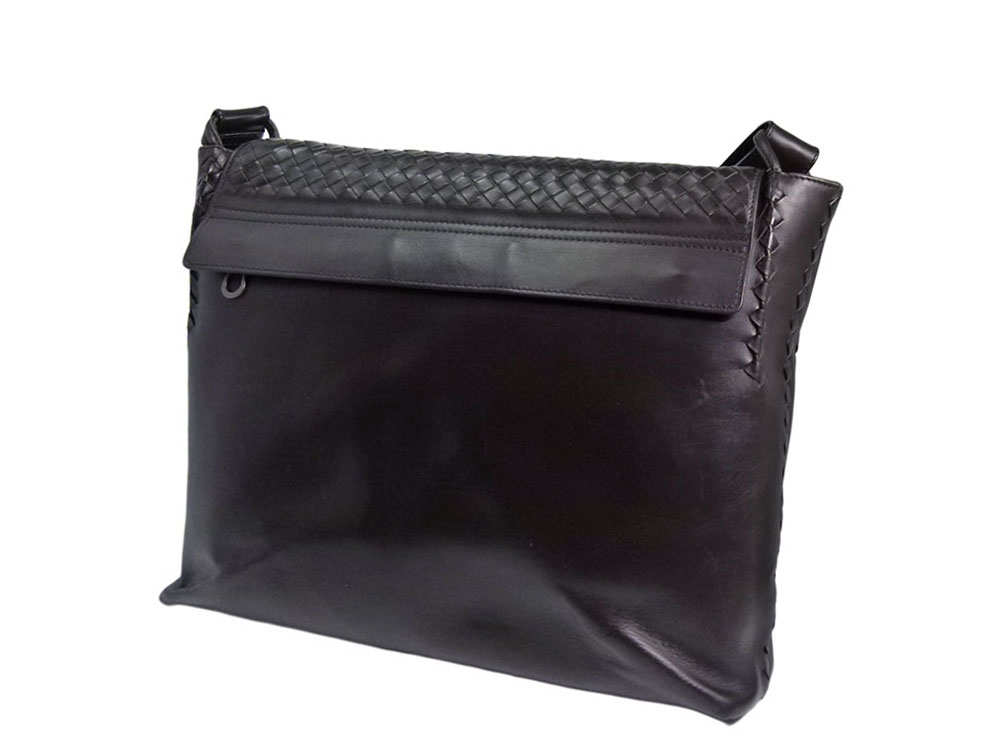 Bottega Veneta 221065 Black Men's Woven Flap Messenger Bag-31539