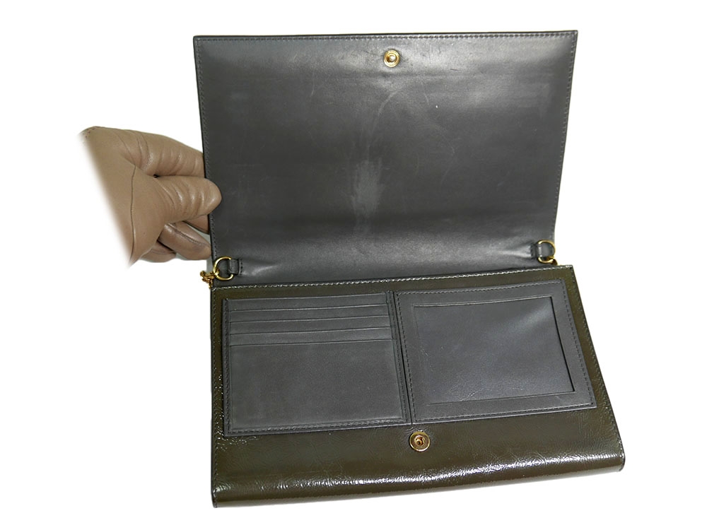 Yves Saint Laurent/ YSL Olive Green Envelope Leather Wallet on Chain Clutch/ Shoulder Bag-31701