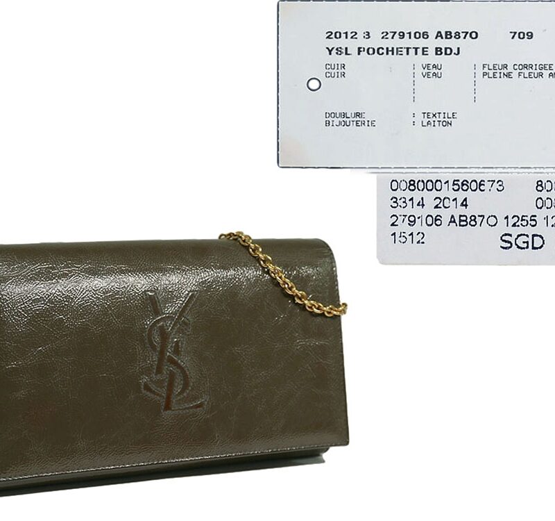 Yves Saint Laurent/ YSL Olive Green Envelope Leather Wallet on Chain Clutch/ Shoulder Bag-0