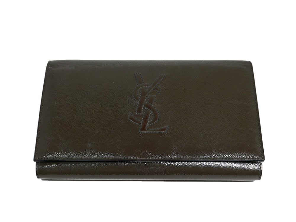 Yves Saint Laurent/ YSL Olive Green Envelope Leather Wallet on Chain Clutch/ Shoulder Bag-31704