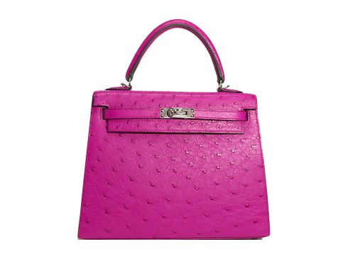 Rare finds ! Hermes Kelly 25cm Rose Pourpre Ostrich Leather Palladium Hardware-0
