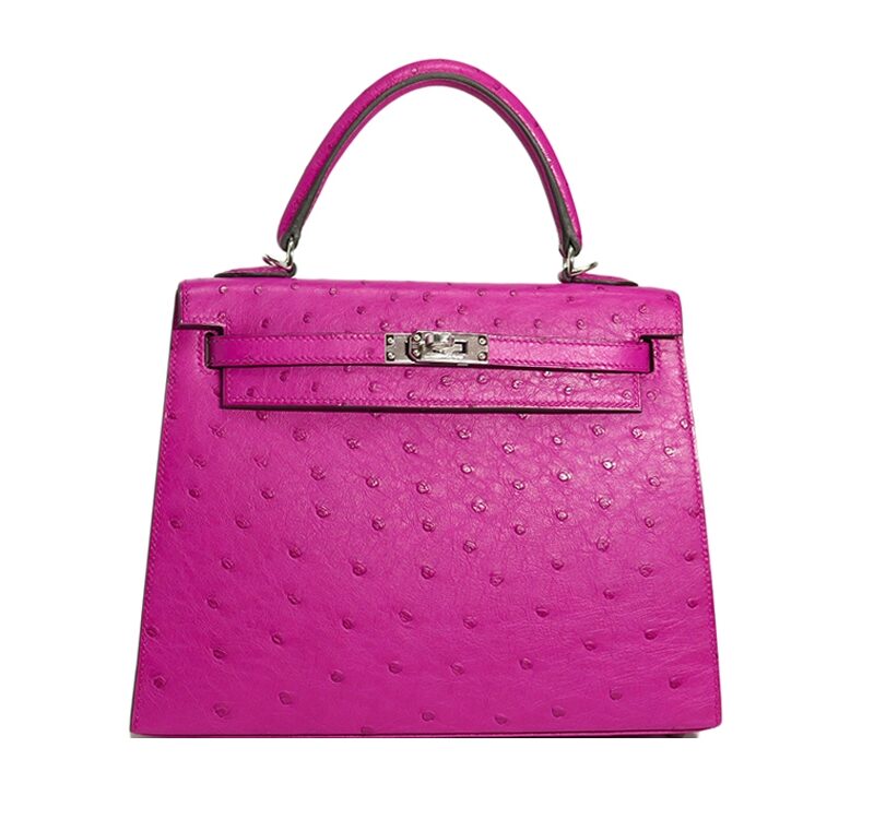 Rare finds ! Hermes Kelly 25cm Rose Pourpre Ostrich Leather Palladium Hardware-0