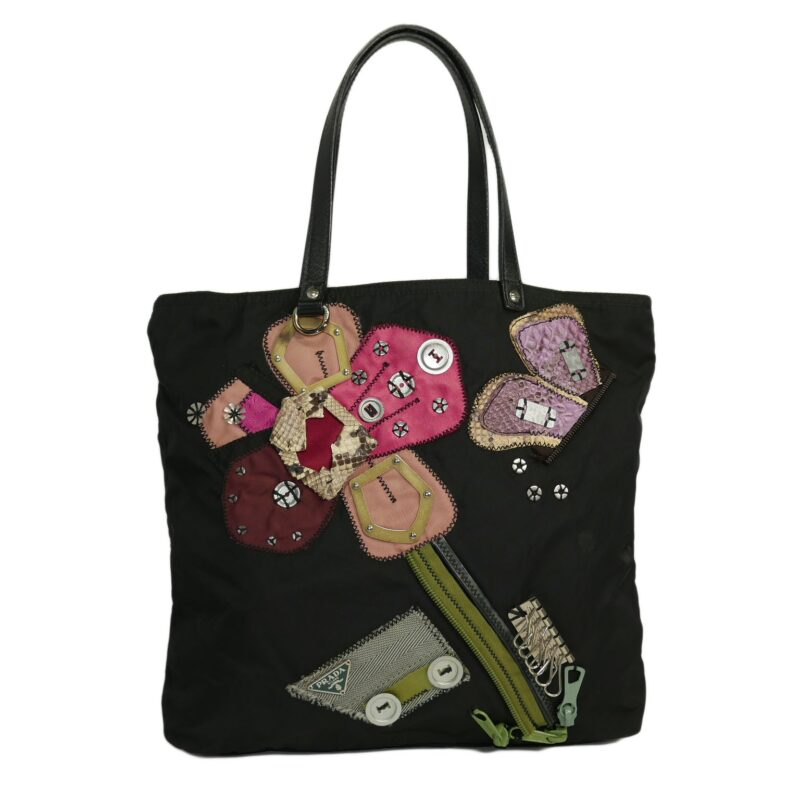 Limited Edition ! Prada BR2844 Black Nylon Tessuto Flower Python Patchwork Tote -0