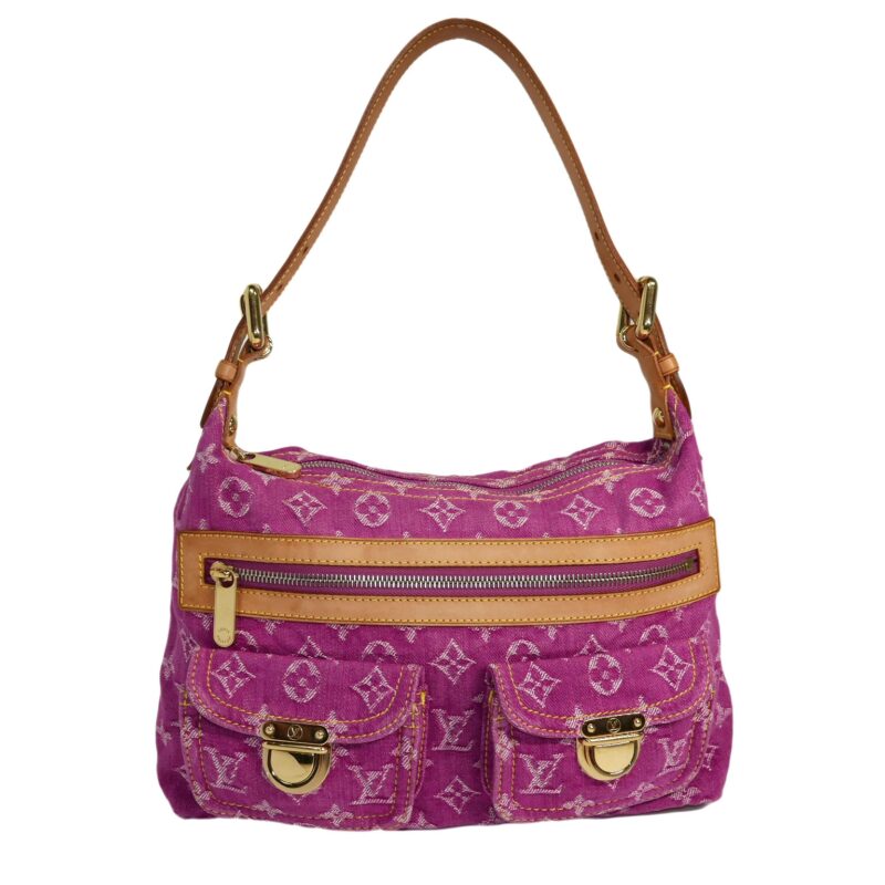 Limited Collection ! Louis Vuitton Monogram Denim Fuchsia Baggy PM Hobo Bag with detachable Shoulder Strap (SL0026)-0