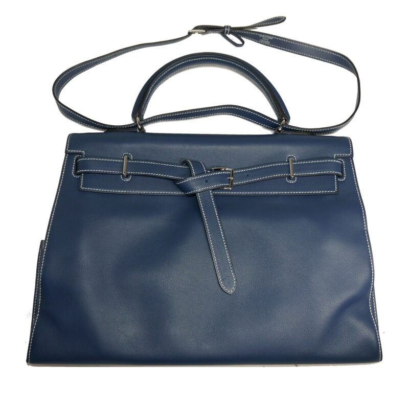 Rare Finds ! Hermes Kelly Flat 35 Blue De Prusse Swift Leather L Stamp Palladium Hardware-0