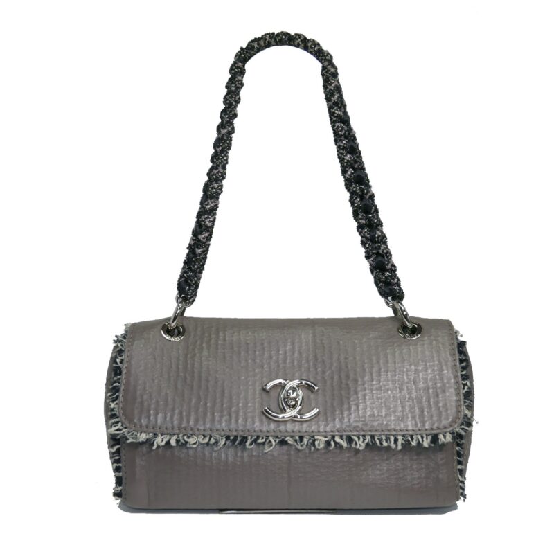 Chanel 13128699 Distressed Taupe Calfskin Tweed Trimmed Flap Bag -0