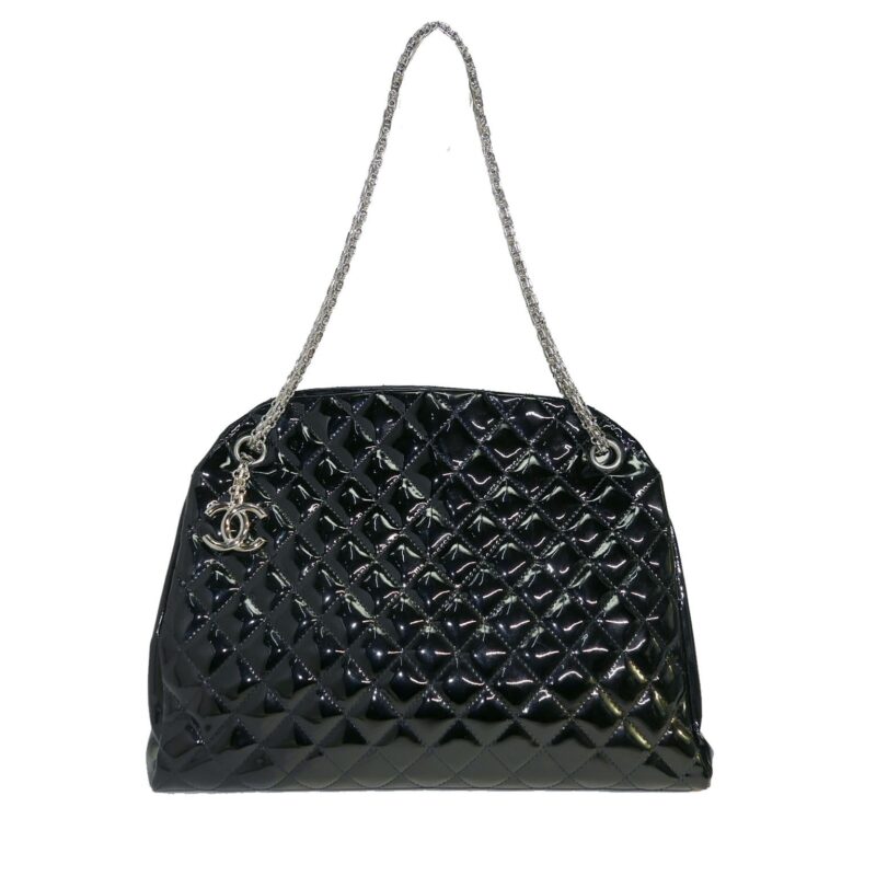 Chanel 14179997 Black Patent Leather Mademoiselle Maxi Bowling Tote with Silver Bijoux Chain -0