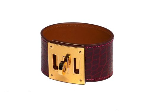 Hermes Rouge Shiny Niloticus Alligator Crocodile Gold Hardware X Stamp S Size kelly Dog Cuff Bracelet-0