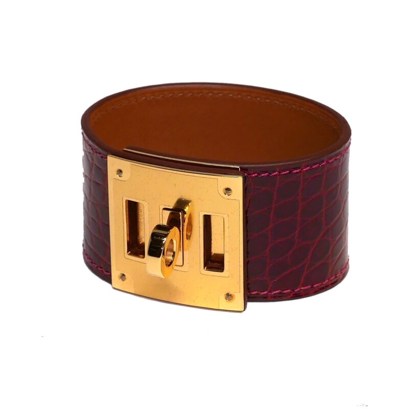 Hermes Rouge Shiny Niloticus Alligator Crocodile Gold Hardware X Stamp S Size kelly Dog Cuff Bracelet-0