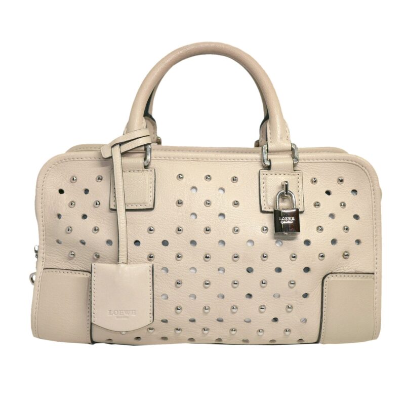 Limted Collection ! Loewe Beige/ Mink Lambsking Studs Perforated Amazona 28cm Tote-0