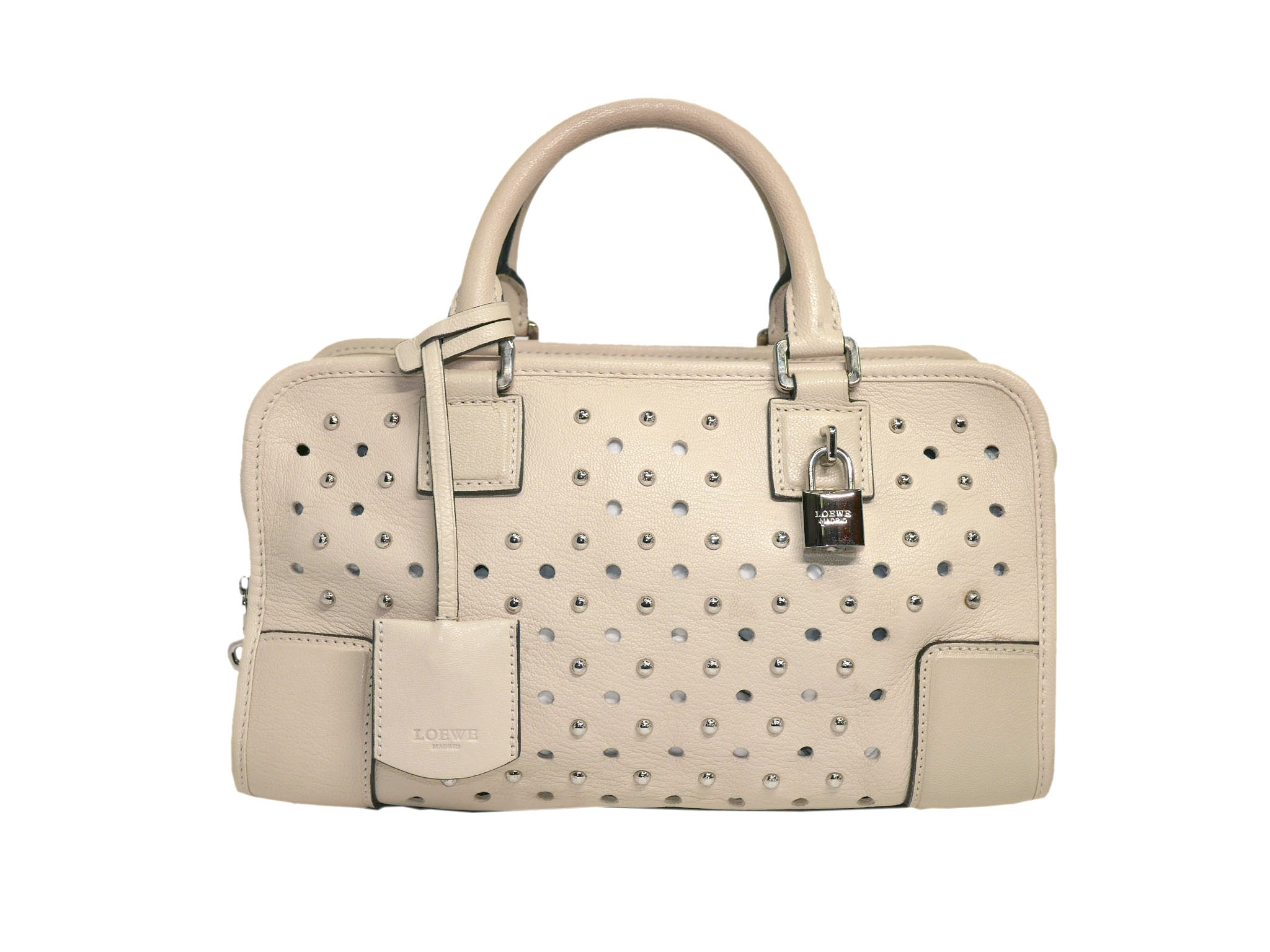 Limted Collection ! Loewe Beige/ Mink Lambsking Studs Perforated Amazona 28cm Tote-0