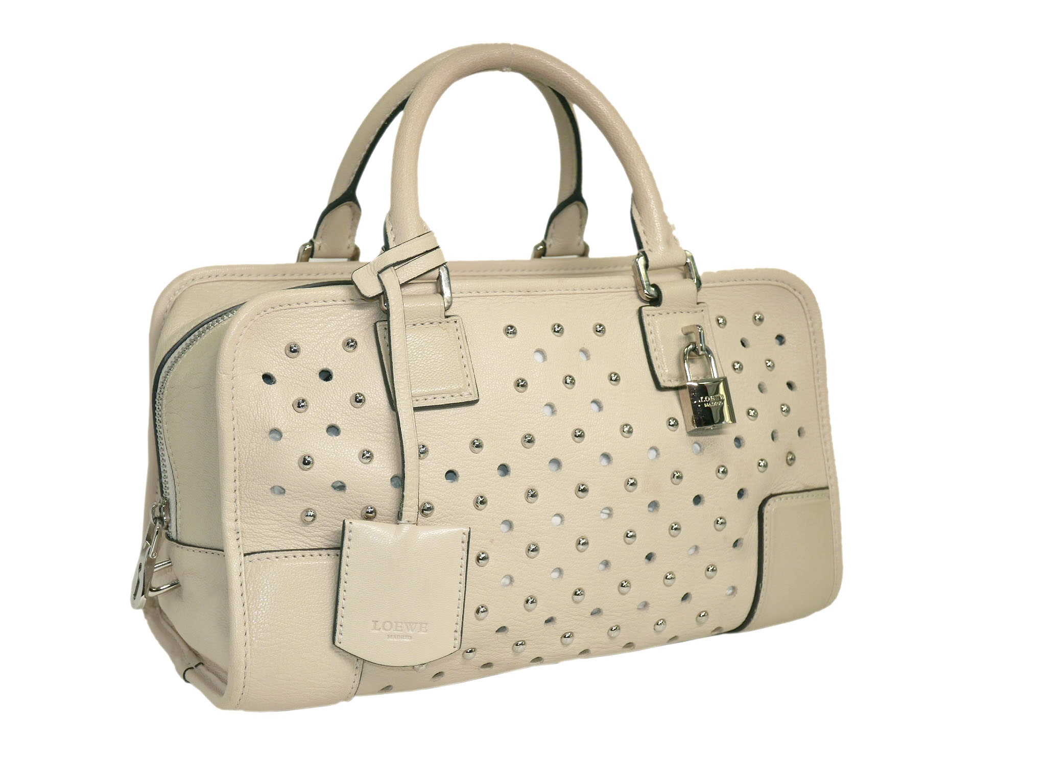 Limted Collection ! Loewe Beige/ Mink Lambsking Studs Perforated Amazona 28cm Tote-33148
