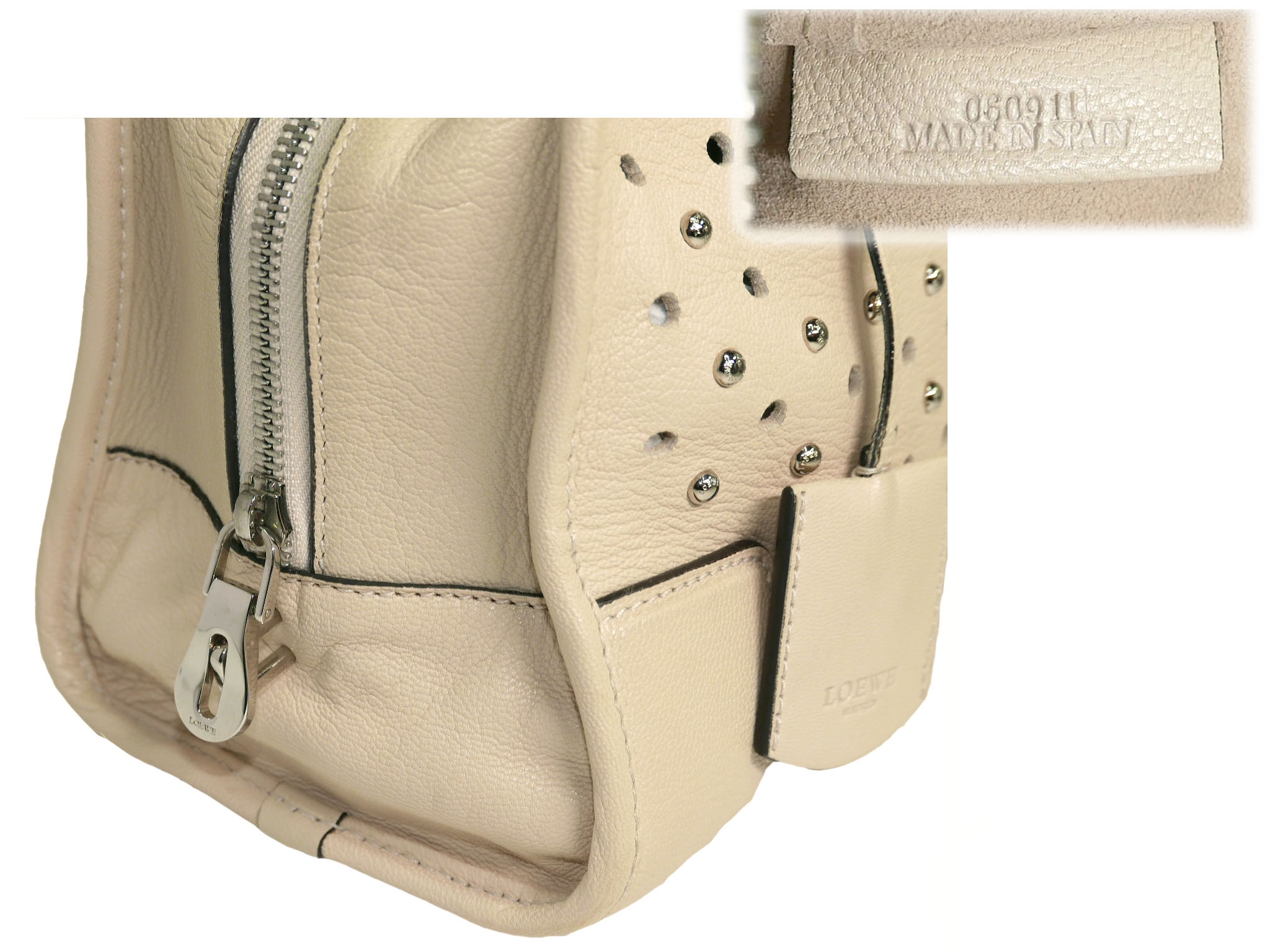 Limted Collection ! Loewe Beige/ Mink Lambsking Studs Perforated Amazona 28cm Tote-33146