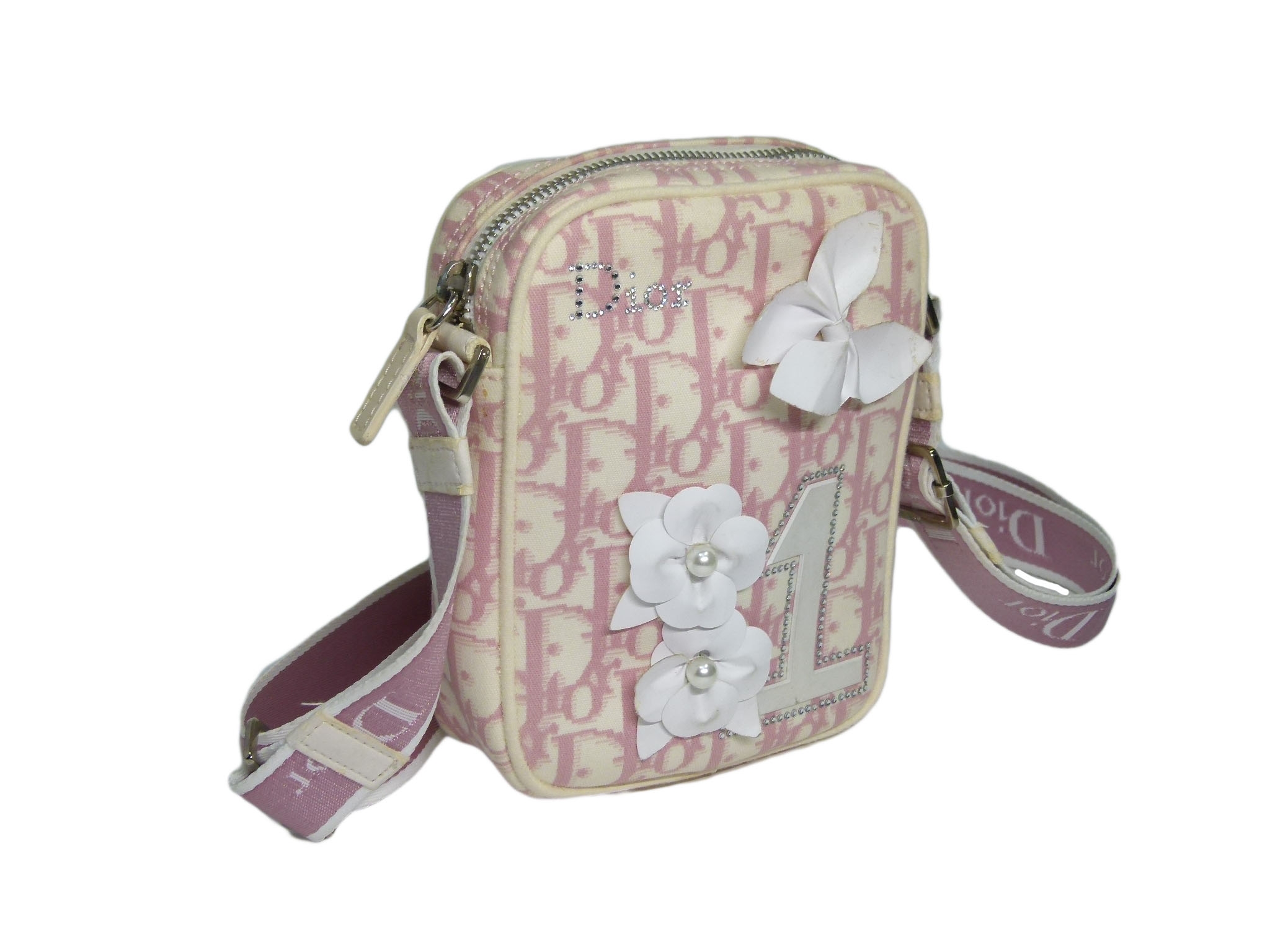 Christian Dior Girly Pink Crystal Blossom Canvas Limited Signature Small Sling Bag-33390