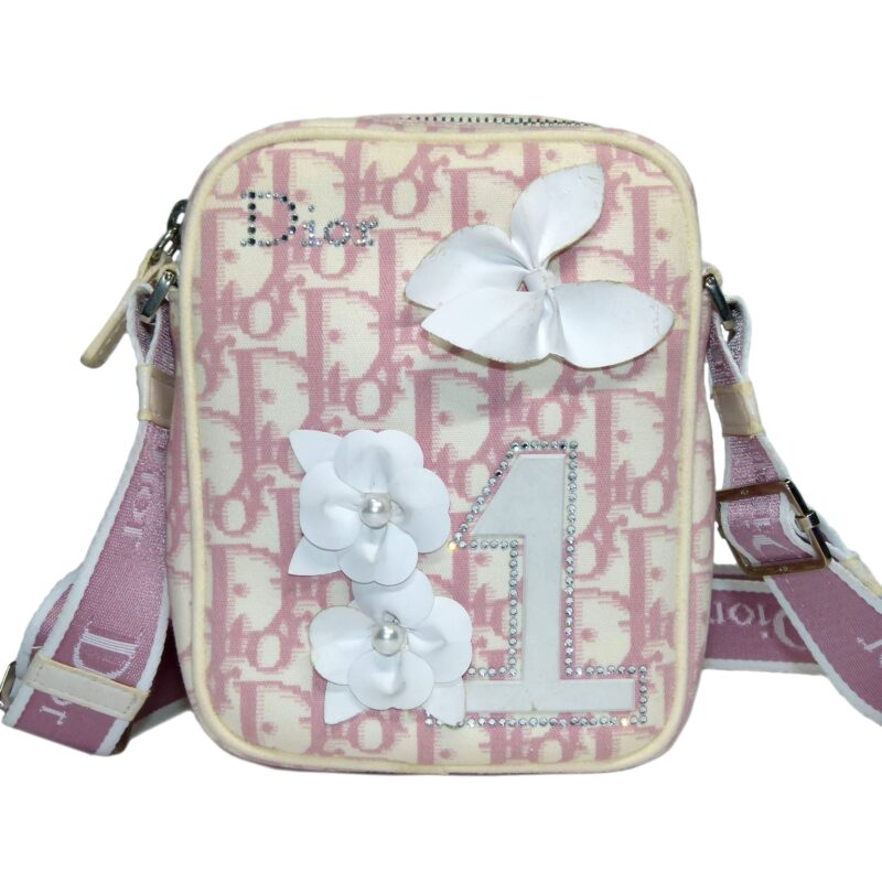 Christian Dior Girly Pink Crystal Blossom Canvas Limited Signature Small Sling Bag-0