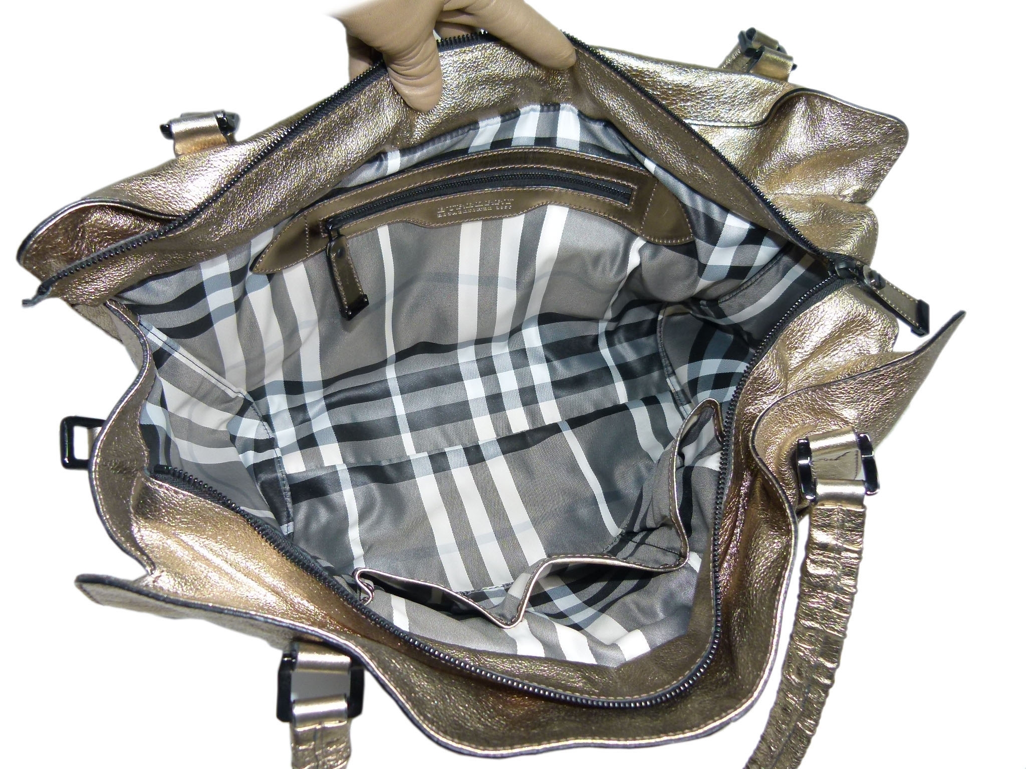 Burberry Bronze/ Metallic Calfskin Farrar Drawstring Gold Leather Large Travel Shoulder Bag-33554