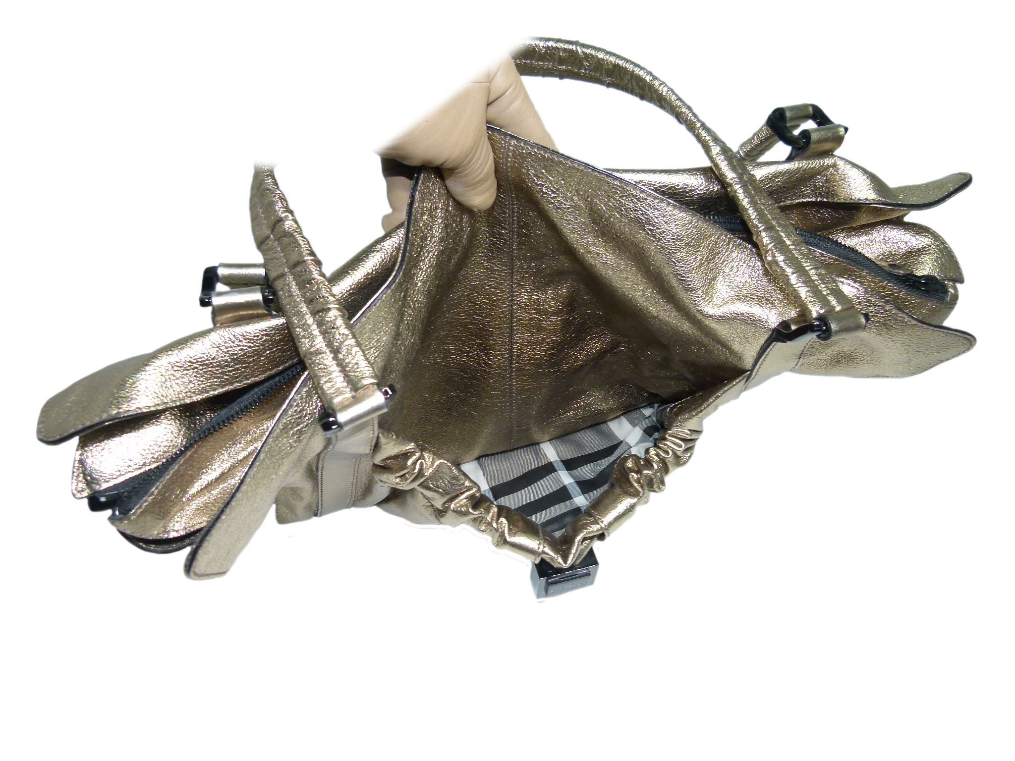 Burberry Bronze/ Metallic Calfskin Farrar Drawstring Gold Leather Large Travel Shoulder Bag-33553