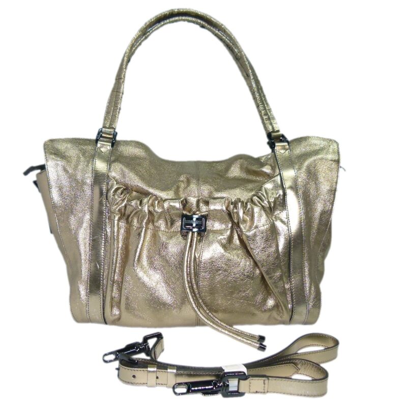 Burberry Bronze/ Metallic Calfskin Farrar Drawstring Gold Leather Large Travel Shoulder Bag-0