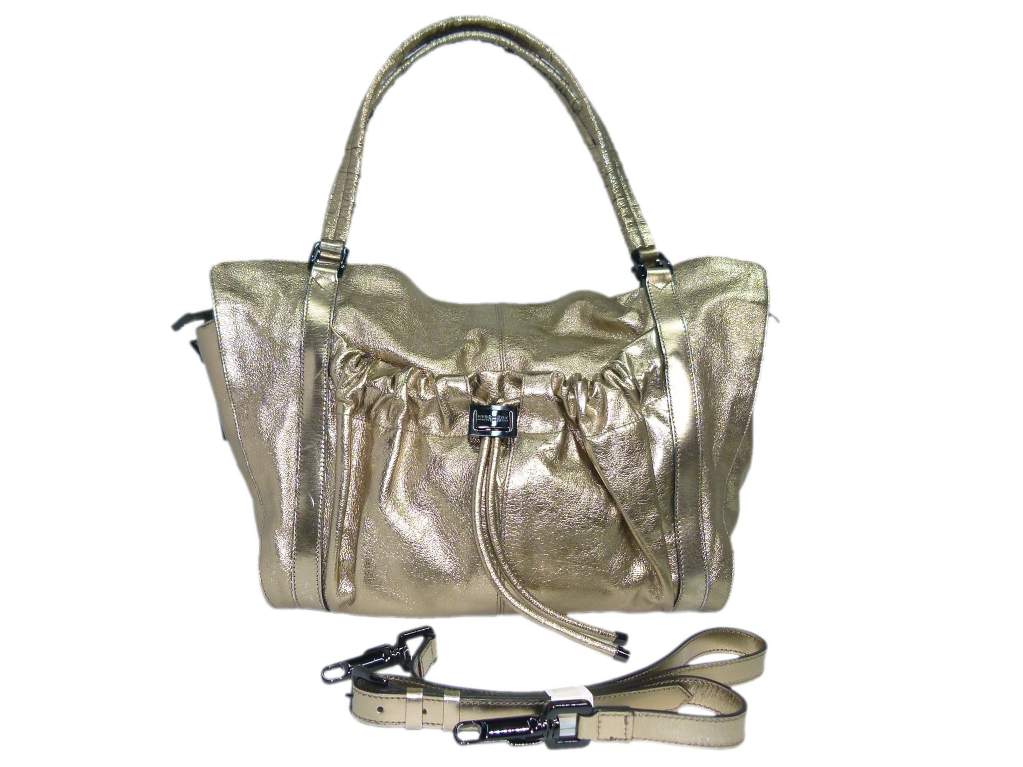 Burberry Bronze/ Metallic Calfskin Farrar Drawstring Gold Leather Large Travel Shoulder Bag-0