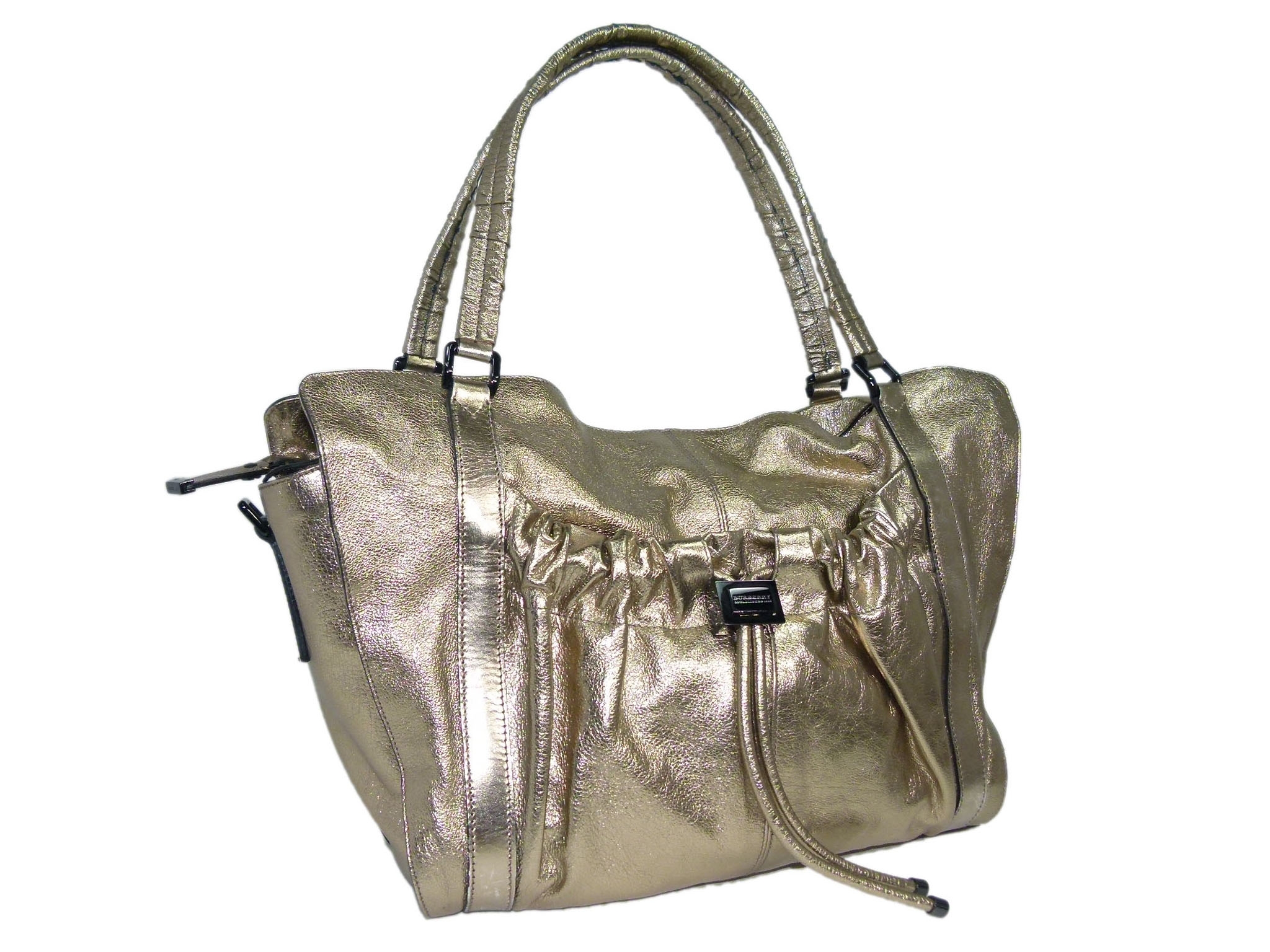 Burberry Bronze/ Metallic Calfskin Farrar Drawstring Gold Leather Large Travel Shoulder Bag-33556