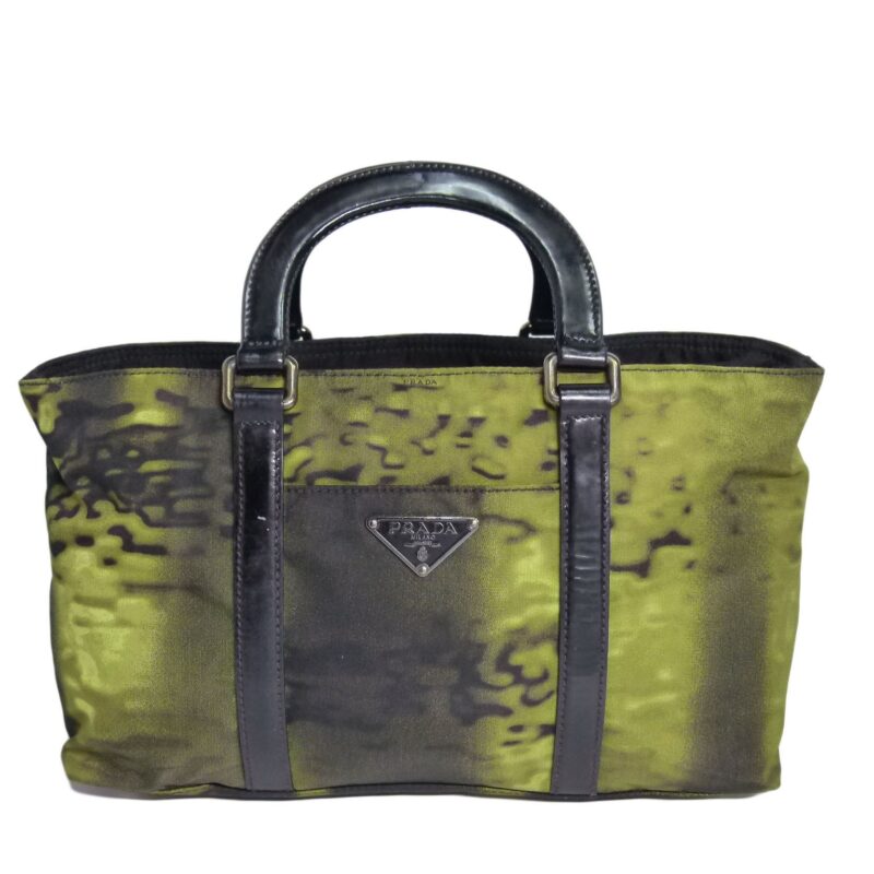 Prada Green Tessuto Nylon Forest with Black Patent Leather Trim Zip Top Small Tote-0