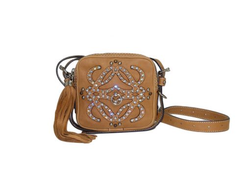 Loewe Signature Logo Brown/ Beige Leather with Crystal Studs Square Sling Pouch / Crossbody Bag-0