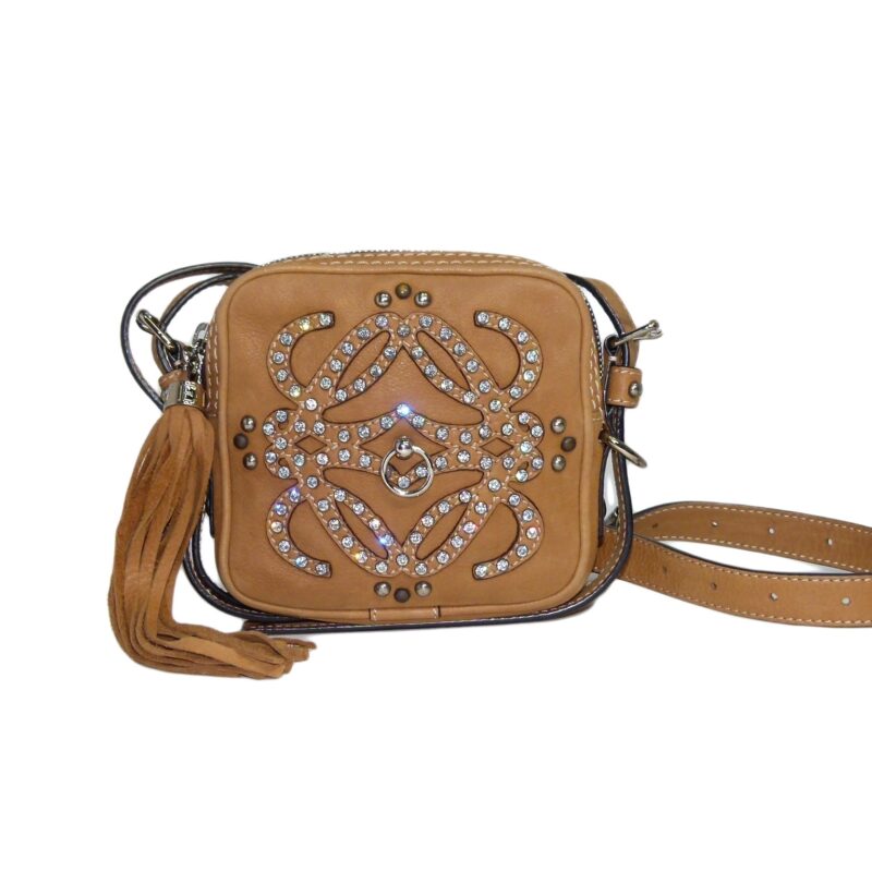 Loewe Signature Logo Brown/ Beige Leather with Crystal Studs Square Sling Pouch / Crossbody Bag-0