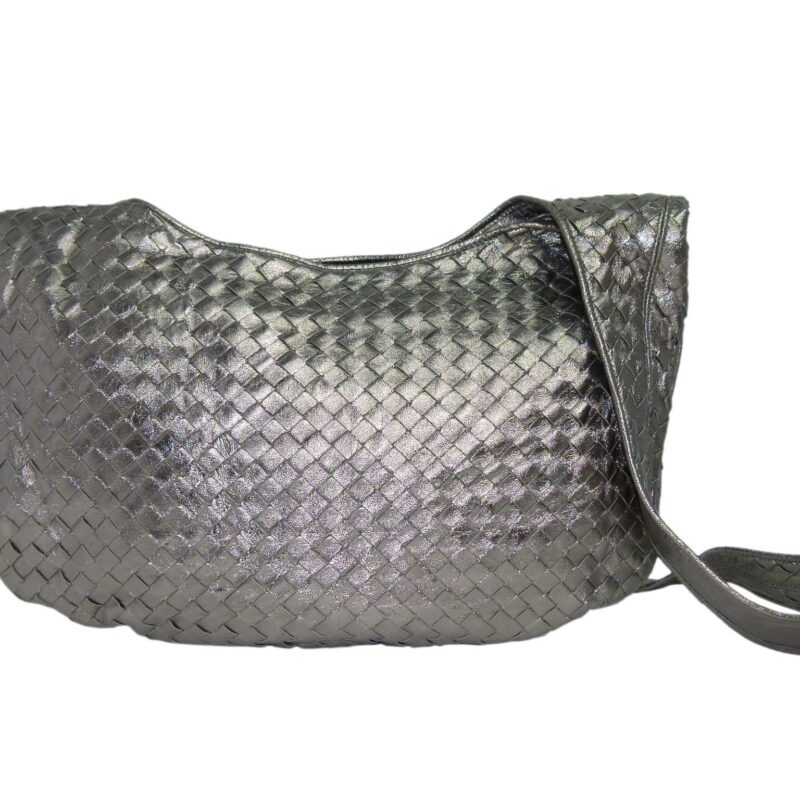 Bottega Veneta Vintage Intrecciato Woven Soft Nappa Leather Metallic Gold/ Silver Hobo Messenger-0