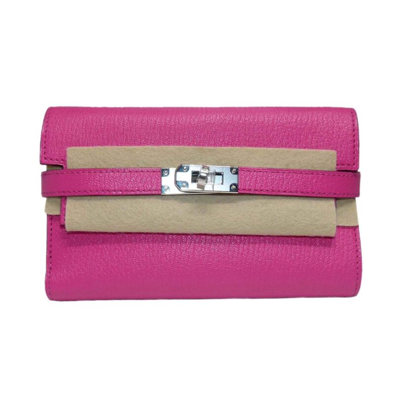 Hermes Medium Chevre Mysore Goatskin Rose Tyrien Compact Kelly Wallet Palladium Hardware -0