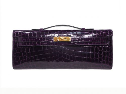 Rare finds ! Hermes Pochette Kelly Cut Aubergine in Crocodile Niloticus Gold Hardware-0