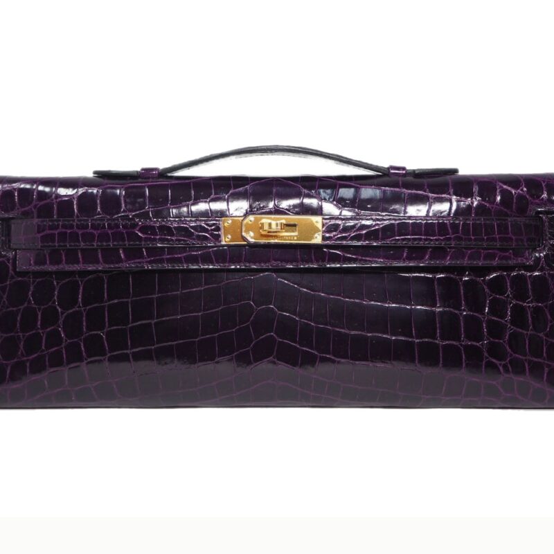 Rare finds ! Hermes Pochette Kelly Cut Aubergine in Crocodile Niloticus Gold Hardware-0