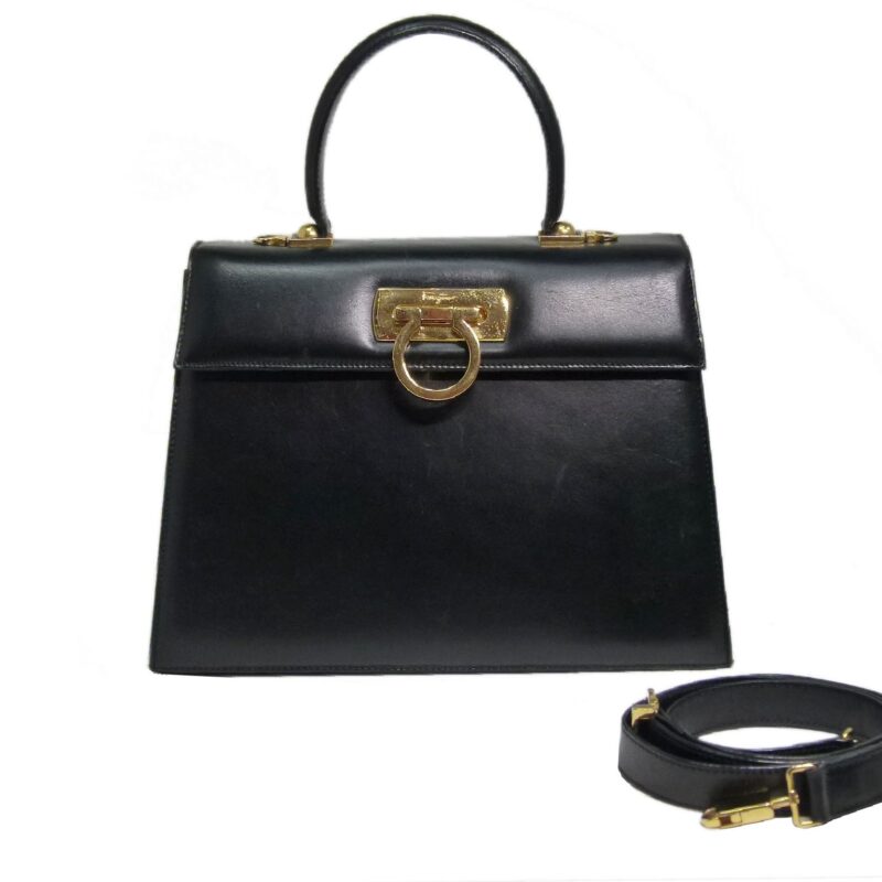 Ferragamo Black Calf Leather Signature Logo Kelly 28cm Tote with Strap -0