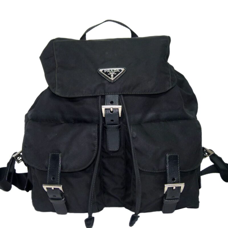 Prada1BZ811 Signature Classic Black Tessuto Fabric Two-Pocket Backpack-0
