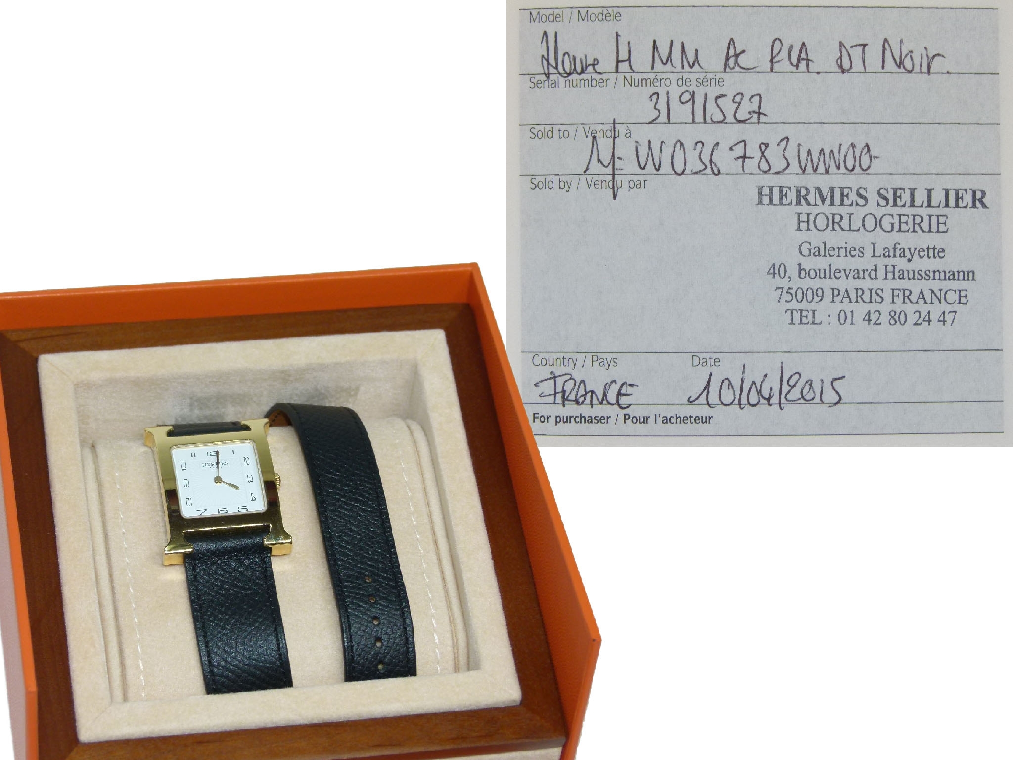 Hermes Heure H Watch Medium Model 26 x 26 mm Yellow-Gold Case DT Black Epsom Leather Strap -34146