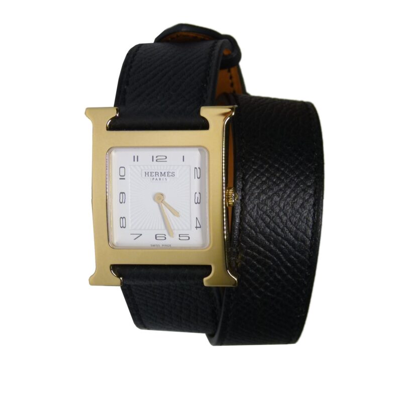 Hermes Heure H Watch Medium Model 26 x 26 mm Yellow-Gold Case DT Black Epsom Leather Strap -0