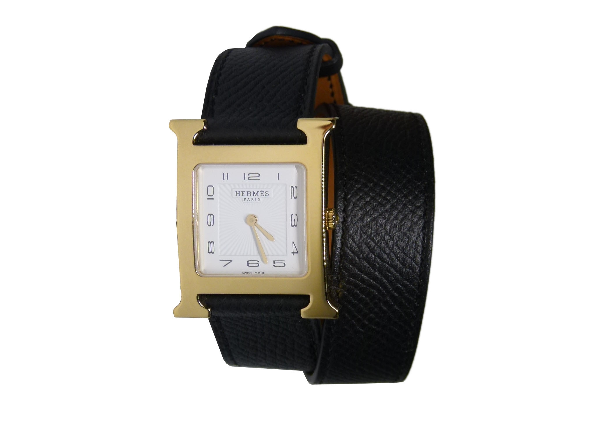 Hermes Heure H Watch Medium Model 26 x 26 mm Yellow-Gold Case DT Black Epsom Leather Strap -0