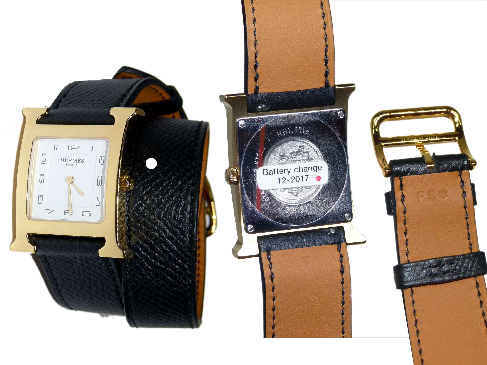 Hermes Heure H Watch Medium Model 26 x 26 mm Yellow-Gold Case DT Black Epsom Leather Strap -34149