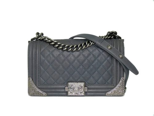 Chanel 19693961 Limited Quilted Le Boy Flap Grey Calf Medium Size Ruthenium Vintage Hardware-0