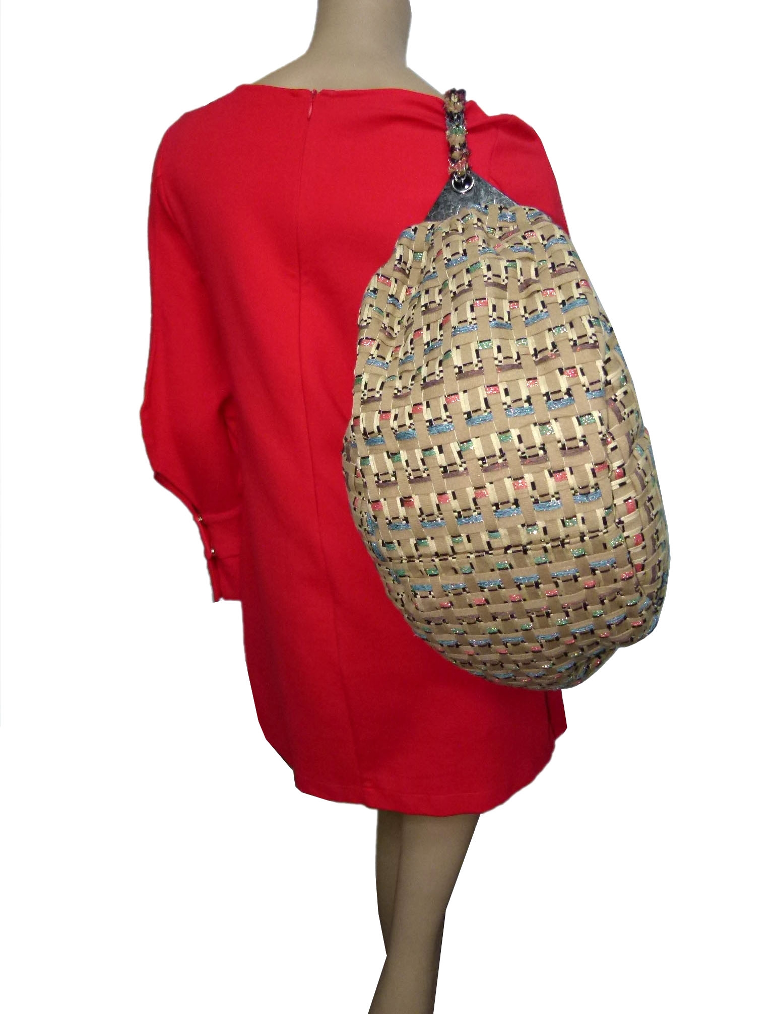 Chanel 23516113 Beige/ Tan Coco Cuba Woven Tweed Metallic Hobo Large / Backpack Large -34305