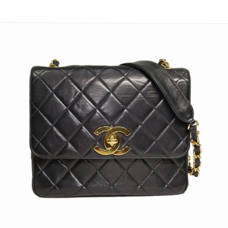 Chanel 3255232 Black Lambskin Vintage Jumbo Single Flap 12" Gold Hardware-0