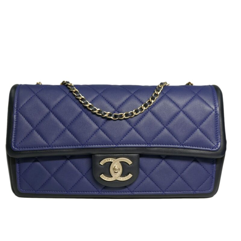 Chanel 14P 19091386 Blue/ Black Two-Tone Calfskin Medium Flap Bag in Gold Hardware-0