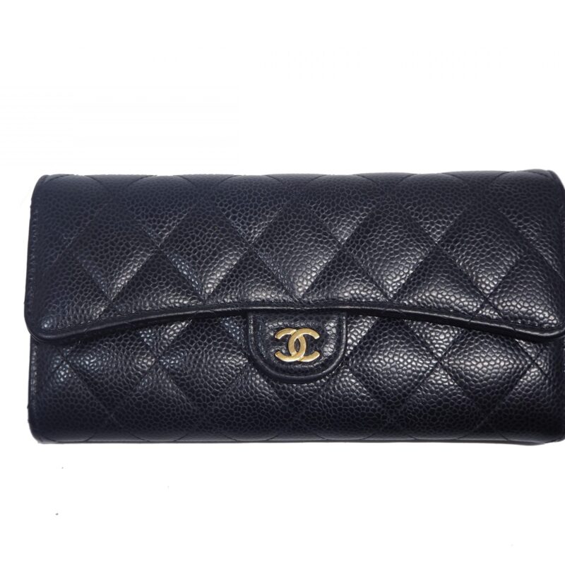 Chanel 25650559 Black Caviar A50096 Classic Flap 12 Cards Long Wallet Gold Hardware-0