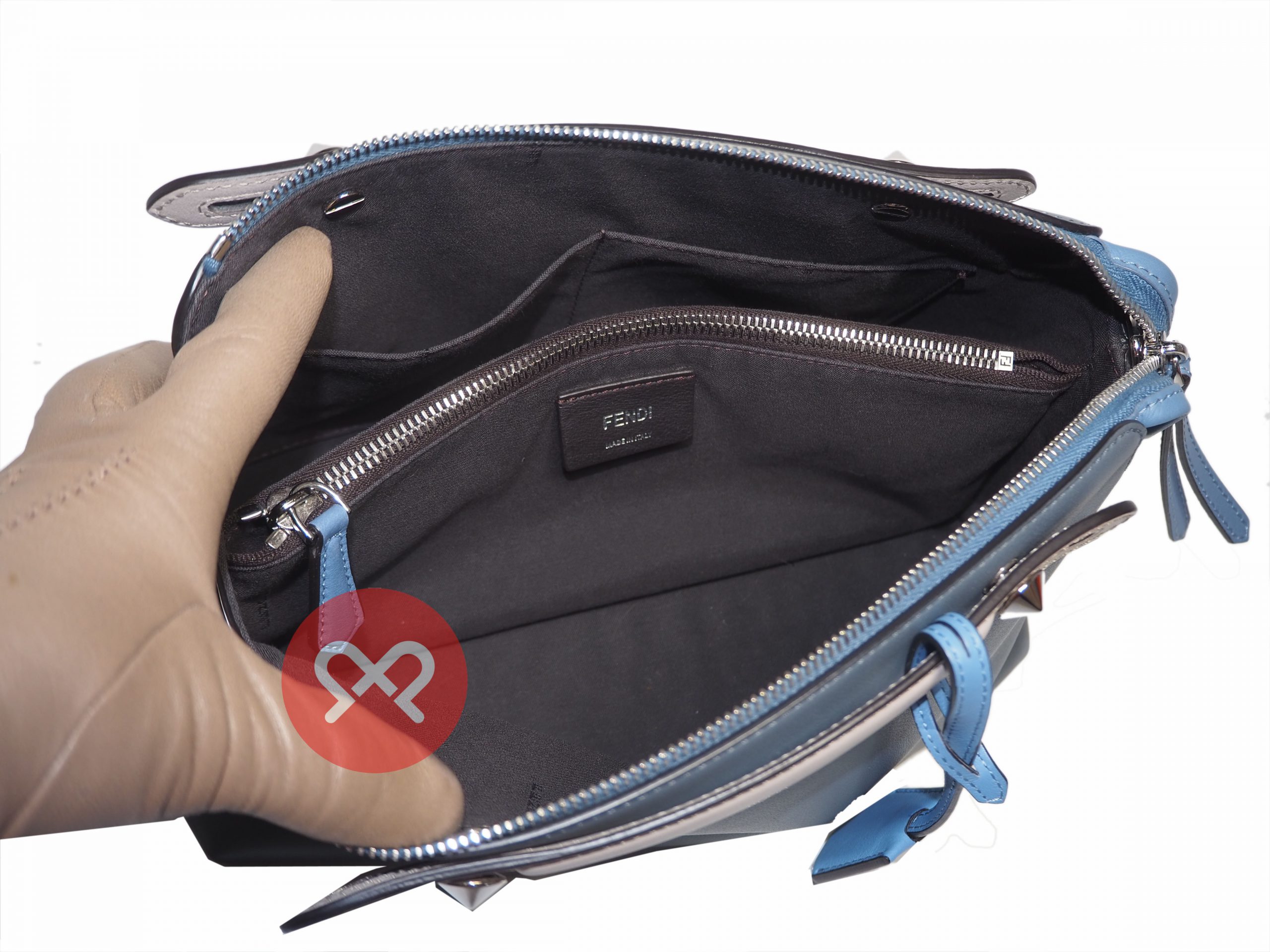Fendi 8BL1245Q BY THE WAY Regular Blue/Grey 3-Tone Leather Medium Boston Bag with Strap-35327