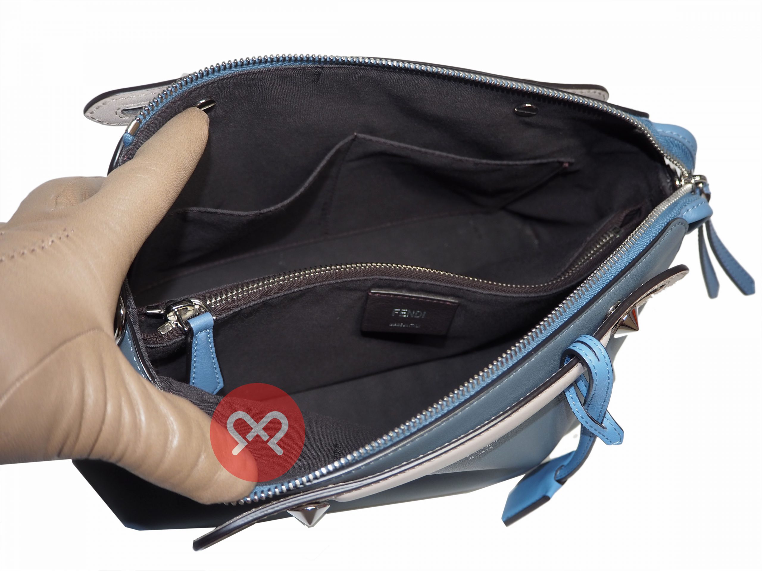 Fendi 8BL1245Q BY THE WAY Regular Blue/Grey 3-Tone Leather Medium Boston Bag with Strap-35328