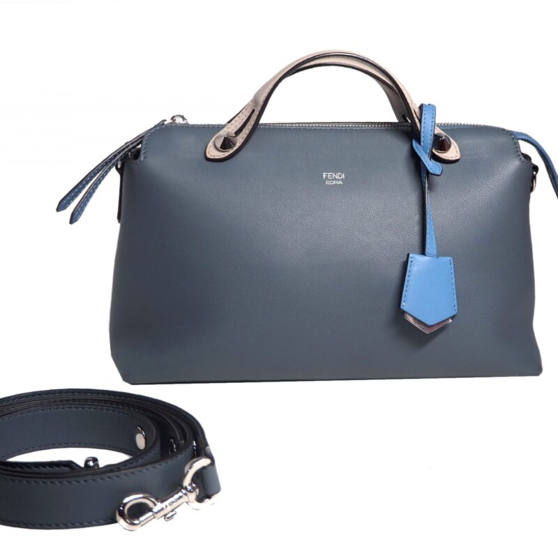 Fendi 8BL1245Q BY THE WAY Regular Blue/Grey 3-Tone Leather Medium Boston Bag with Strap-0