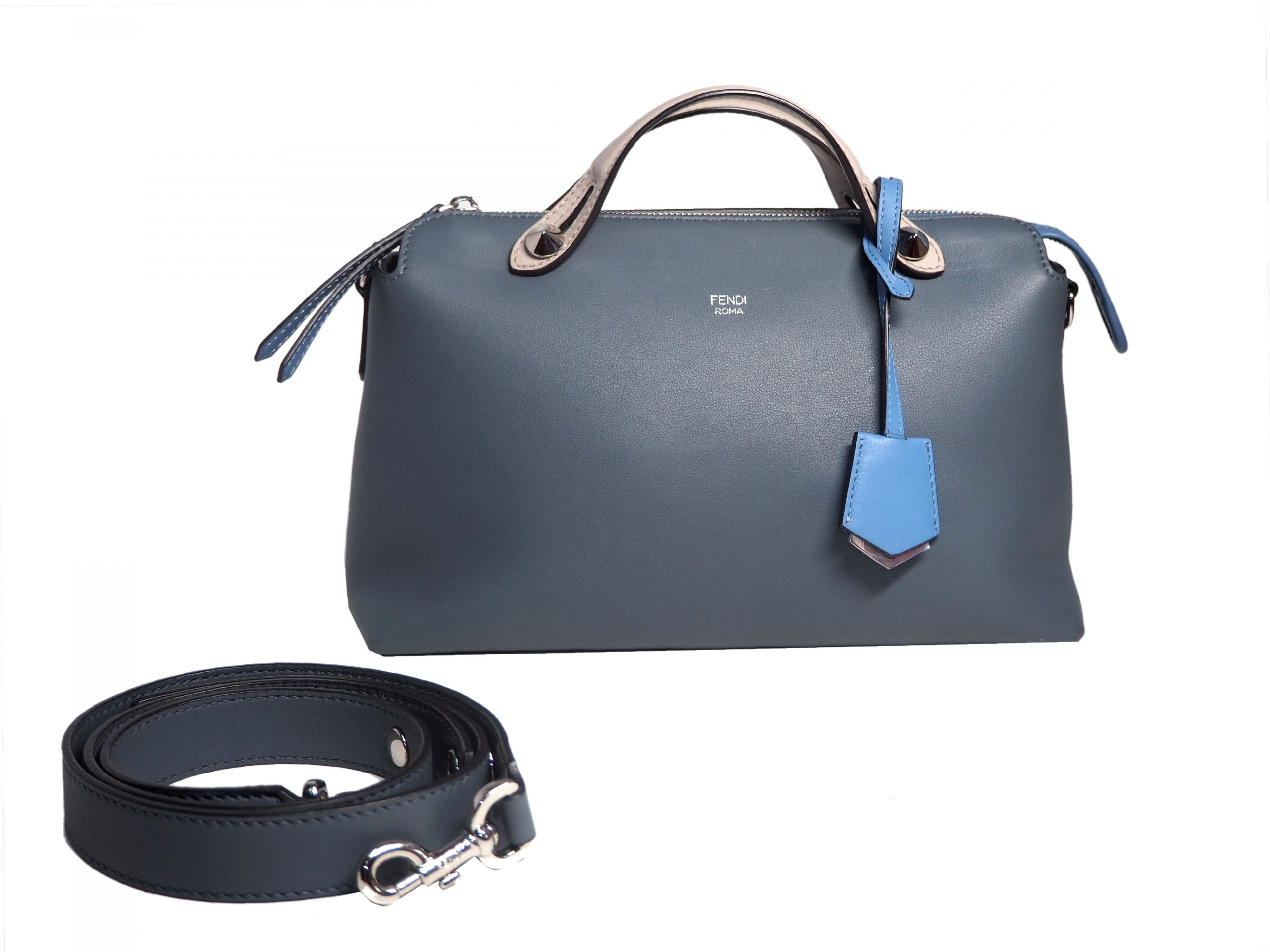 Fendi 8BL1245Q BY THE WAY Regular Blue/Grey 3-Tone Leather Medium Boston Bag with Strap-0